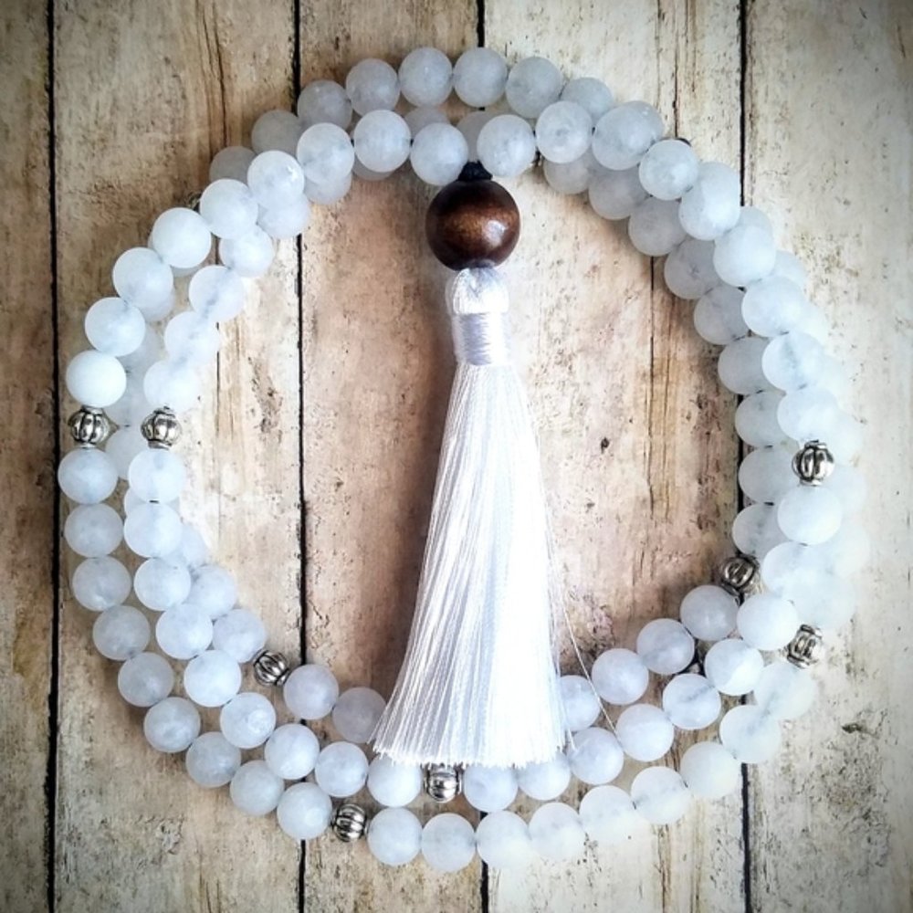 108 Frosted White Jade Mala Neckace